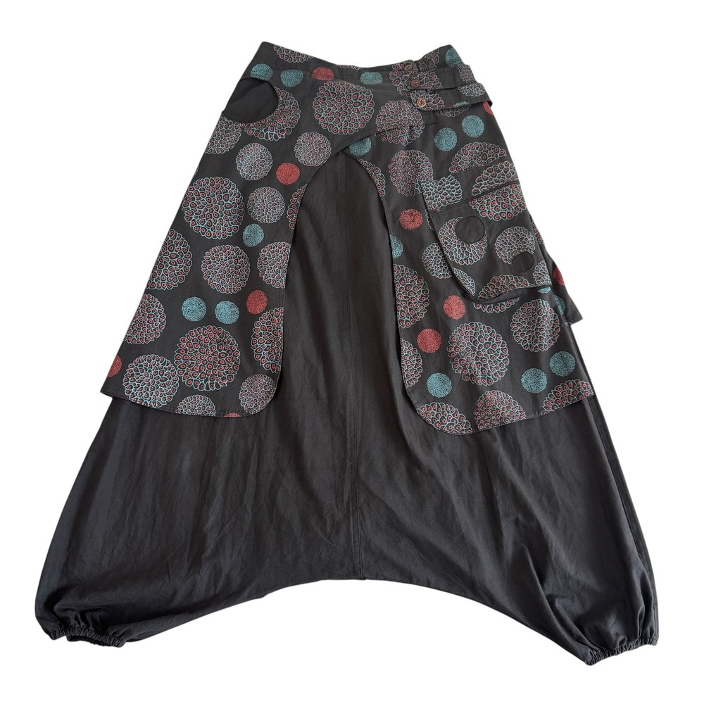 ManaKAmana Large W30in Black Teal Mandala Pockets Cotton Boho Harem Pants
